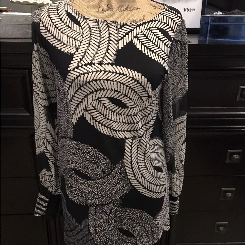Alfani Black and White Patterned Long Sleeve Tunic Small